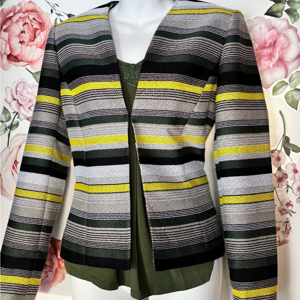 Tahari Striped Blazer in Black White Gray and Yellow